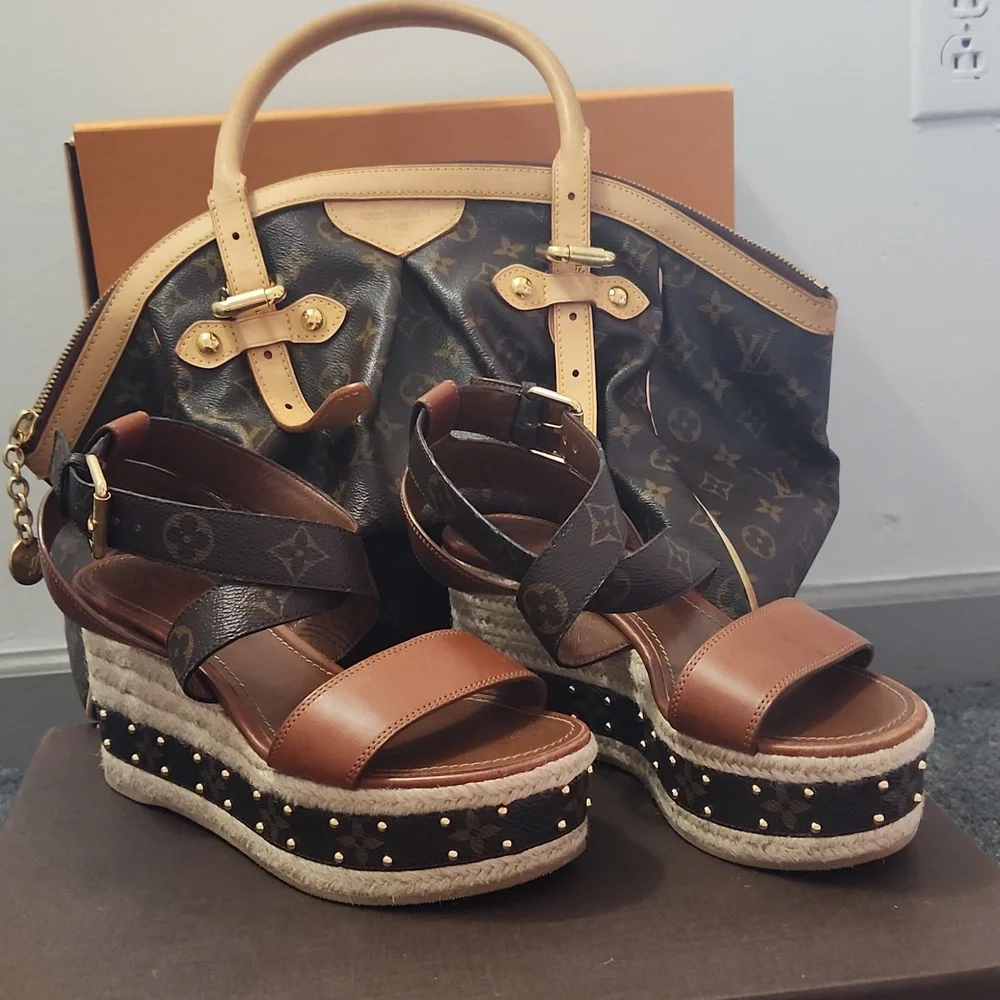 Louis Vuitton Brown Monogram Leather Platform Espadrille Sandals